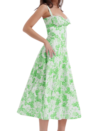 Side view of the ruched corset midi dress