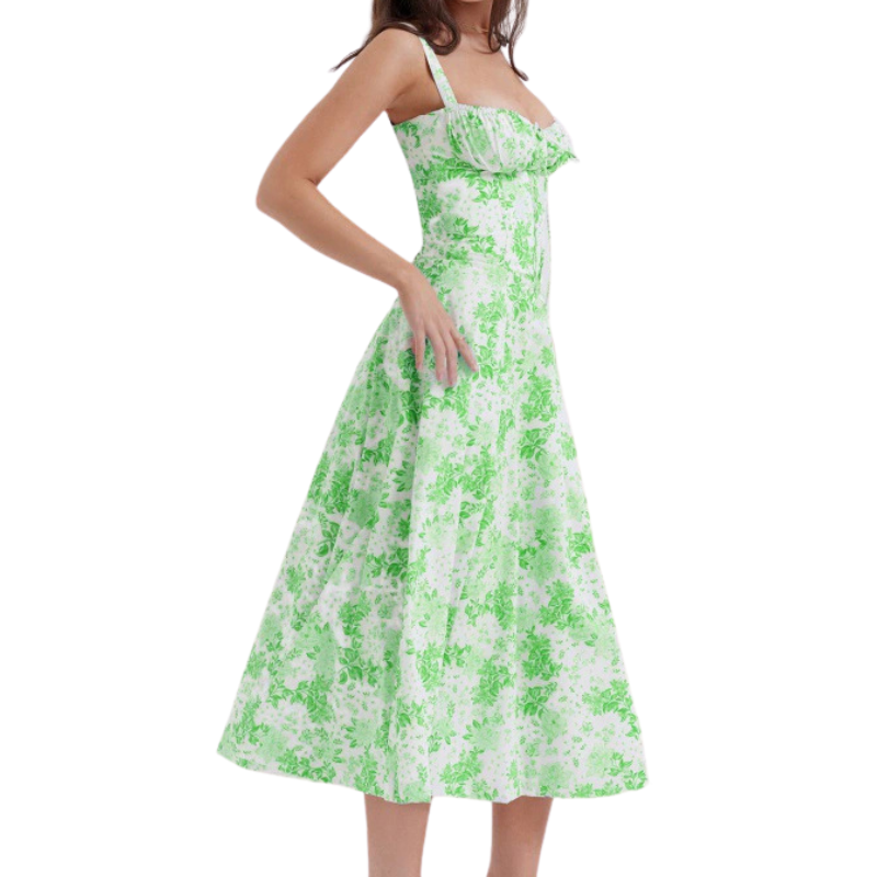 Side view of the ruched corset midi dress