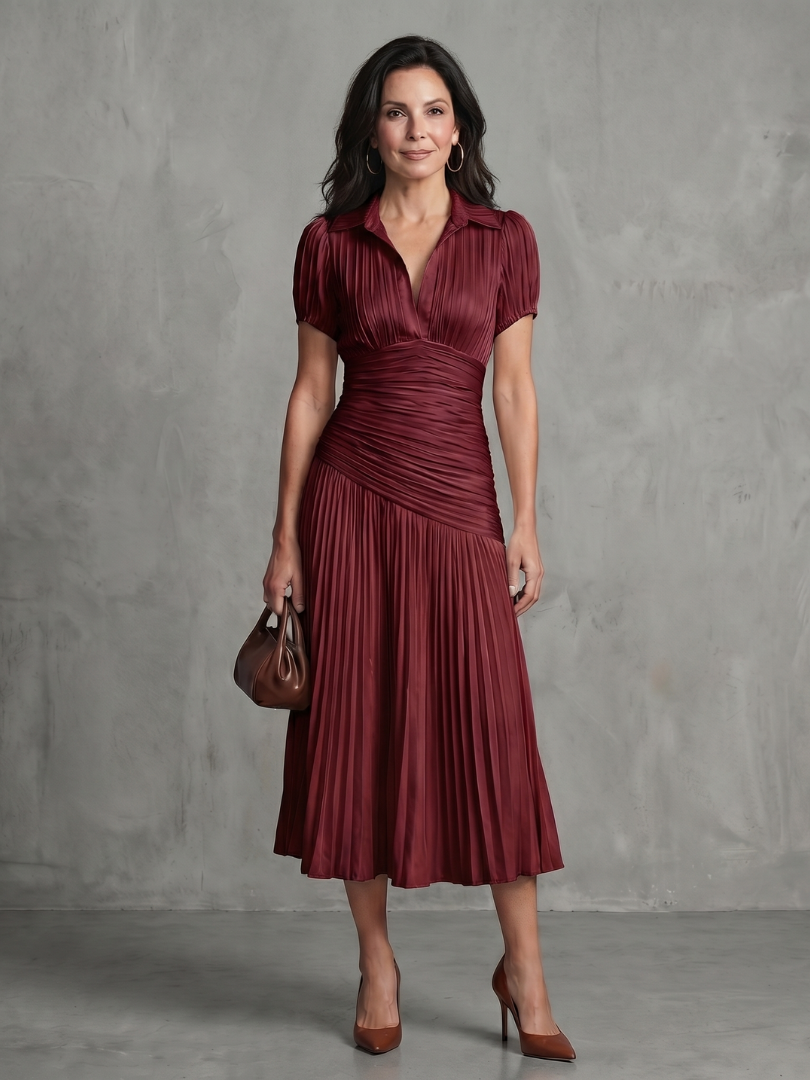 Theodora Pleated Waistline Stripe Midi Dress