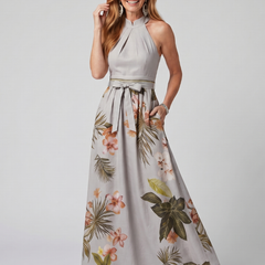 Meadow Draped Halter Botanical Panel Maxi Dress