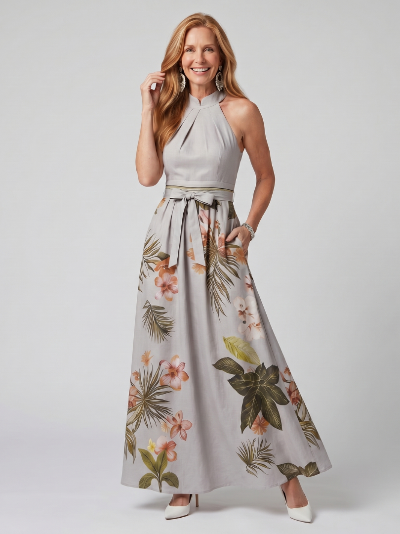 Meadow Draped Halter Botanical Panel Maxi Dress