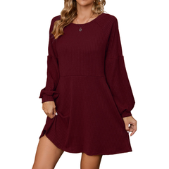Ribbed long sleeve dress in a deep red