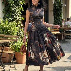 Amara High Neck Keyhole Floral Pleated Midi Dress