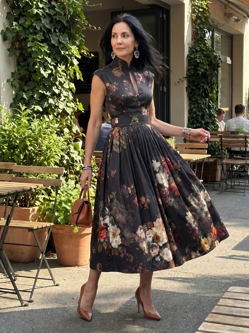 Amara High Neck Keyhole Floral Pleated Midi Dress