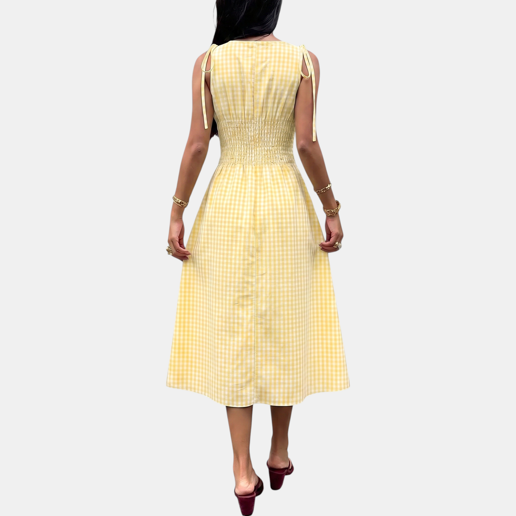 Back view of the tie shoulder midi dress