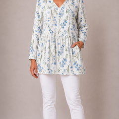Lenora long blouse in white, front view