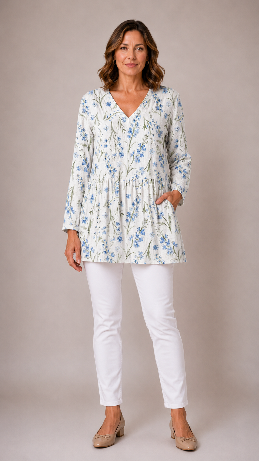 Lenora long blouse in white, front view