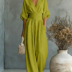 Elodie wide-leg linen jumpsuit in olive green