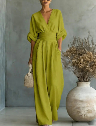 Elodie wide-leg linen jumpsuit in olive green