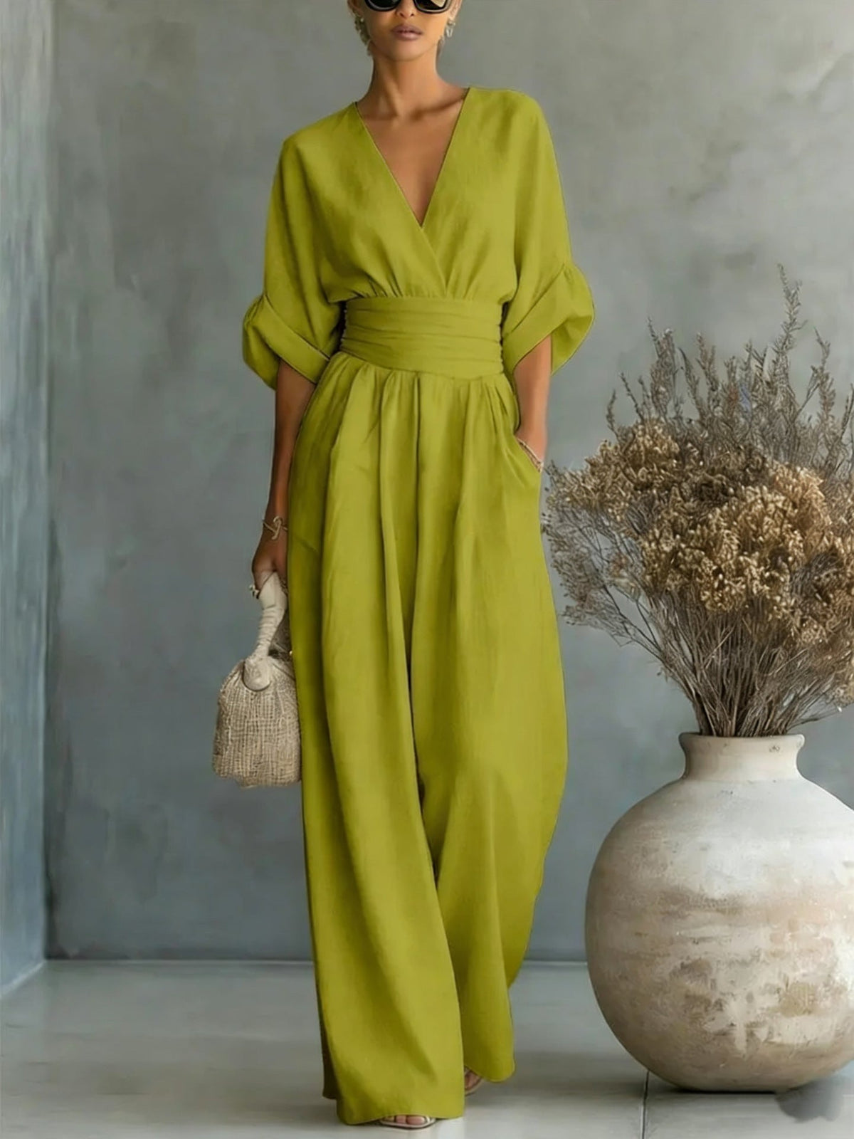 Elodie wide-leg linen jumpsuit in olive green