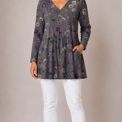 Addison long blouse in grey, front view