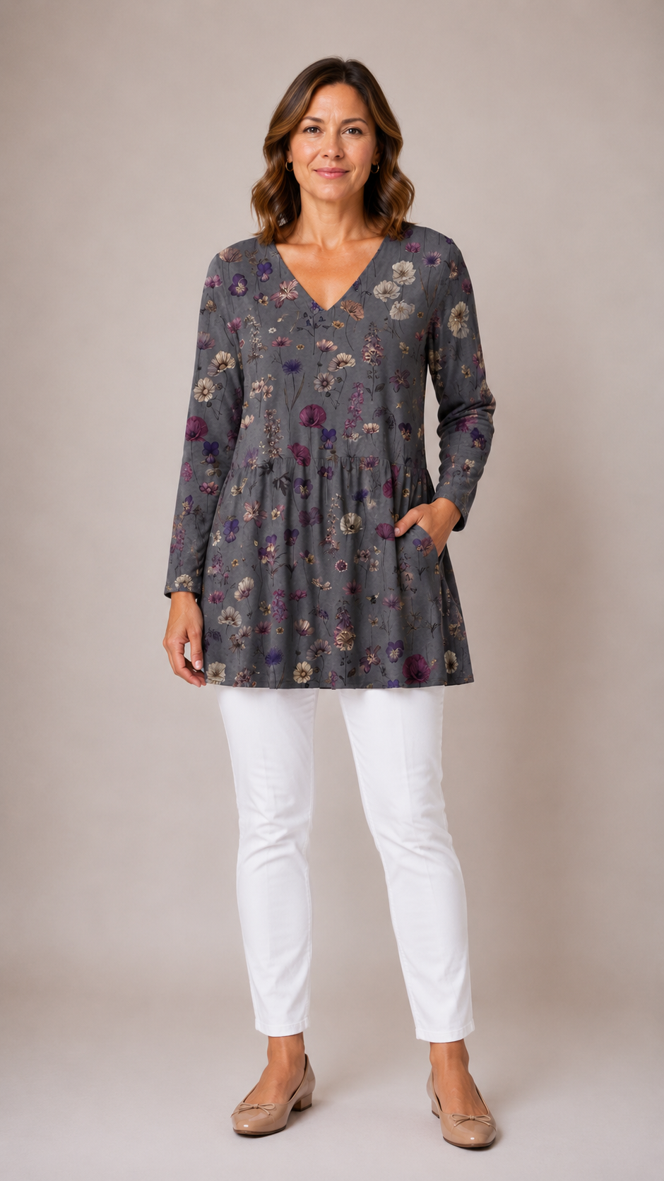 Addison long blouse in grey, front view