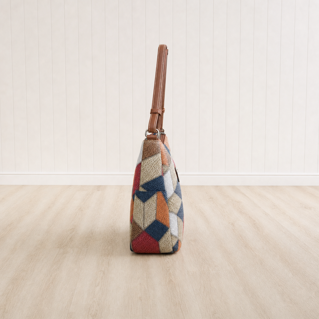 Nella patchwork shoulder bag, side view showing the depth