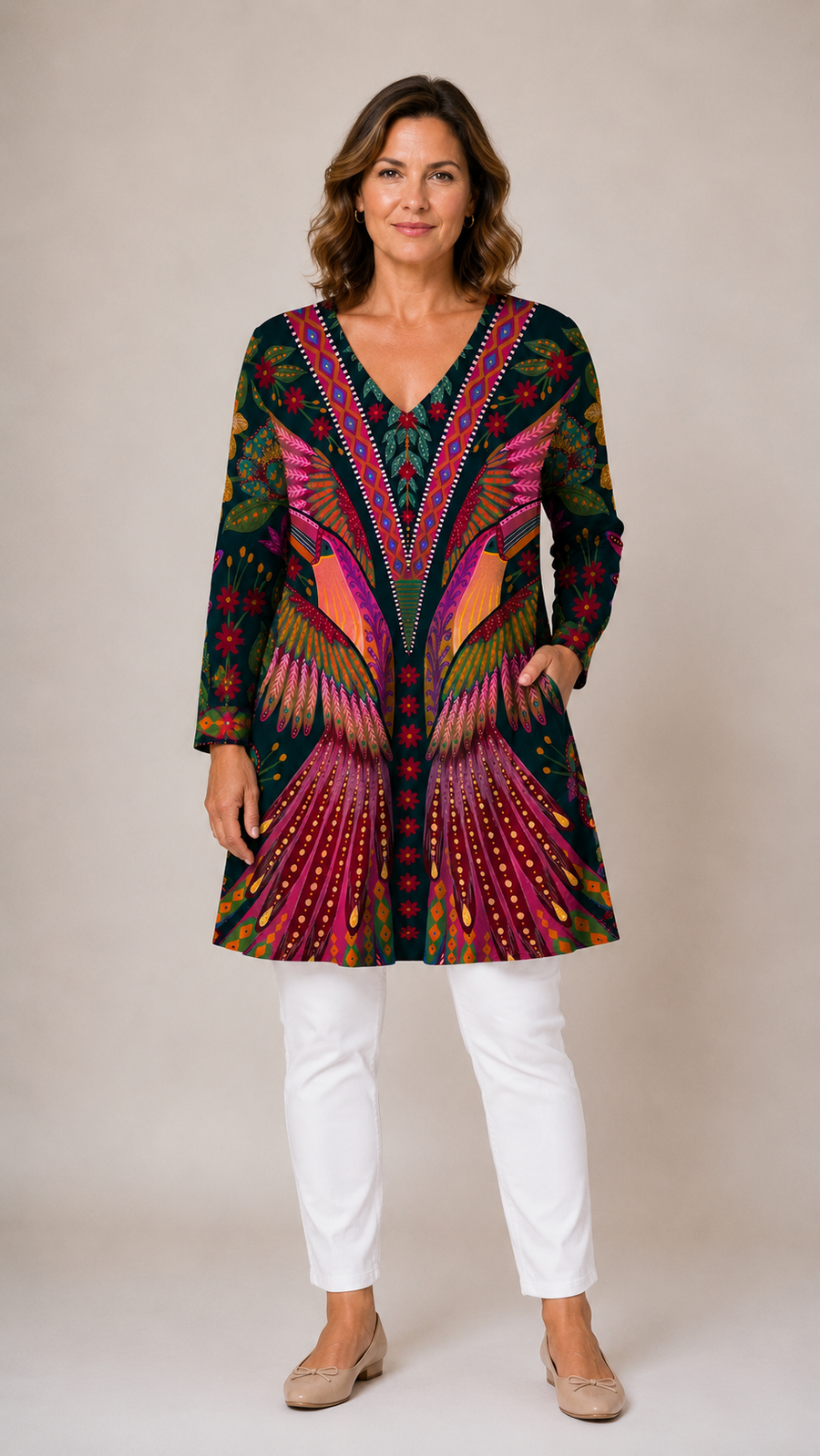 Jayla long blouse in a multicoloured print, front view