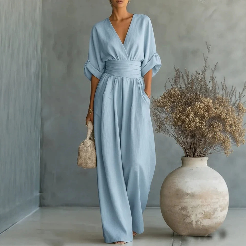 Elodie wide-leg linen jumpsuit in blue