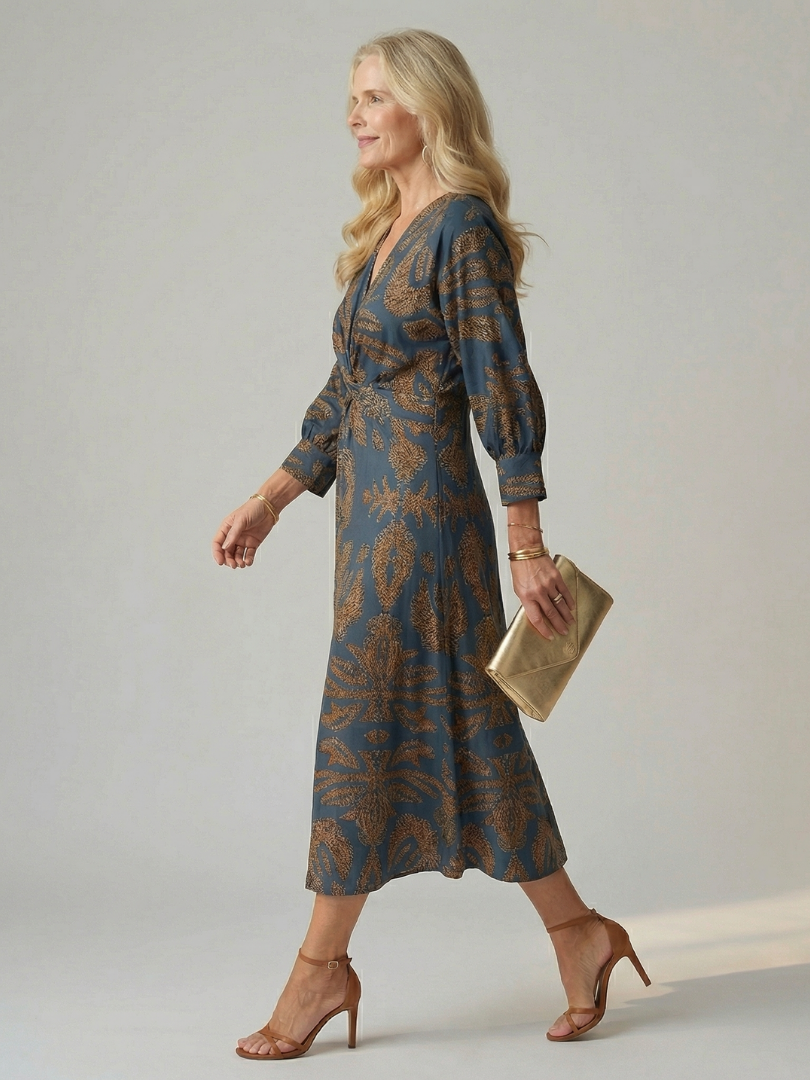 Lune Natural Wrap Midi Dress with Long Sleeves