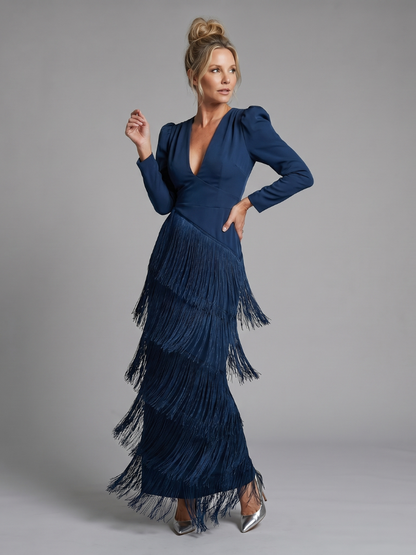 Samara Long Sleeve Soft Fringe Skirt Midi Dress