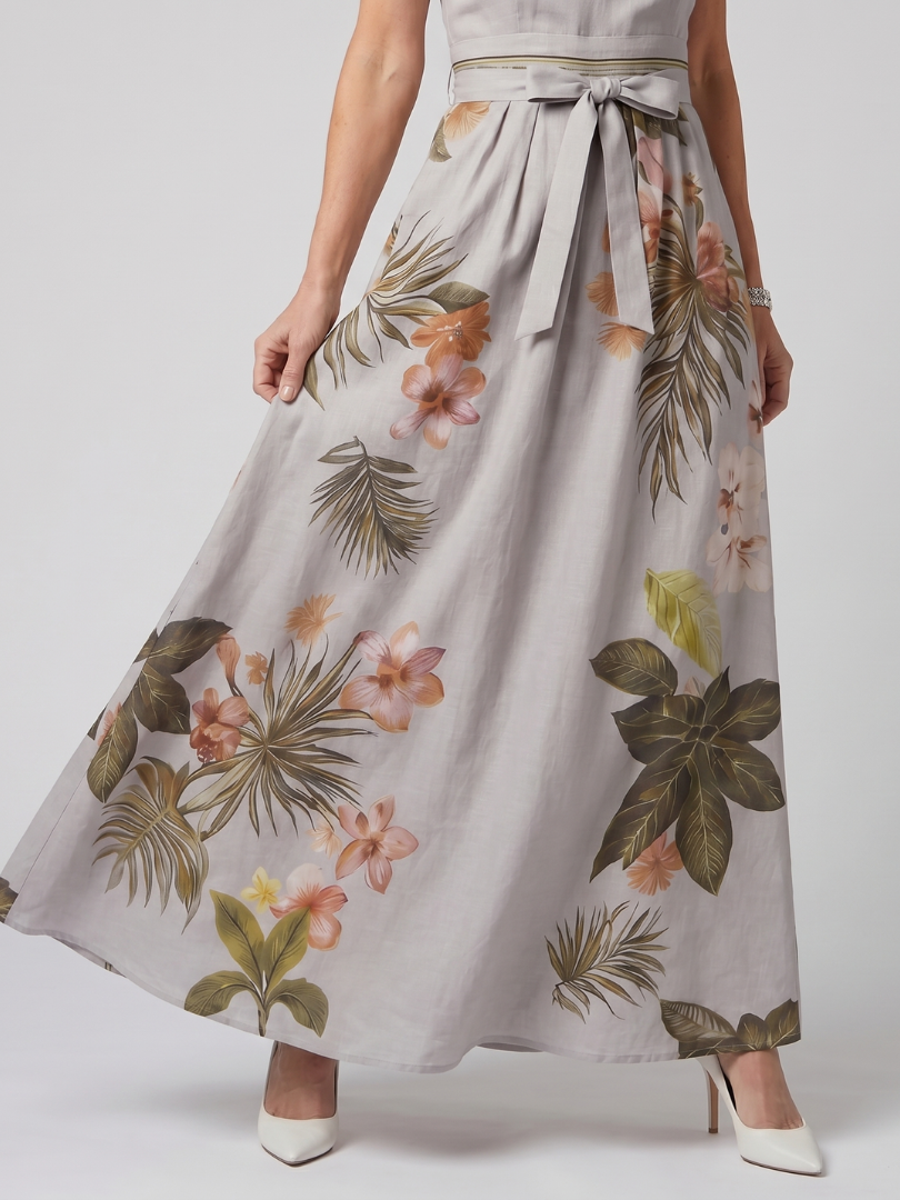 Meadow Draped Halter Botanical Panel Maxi Dress