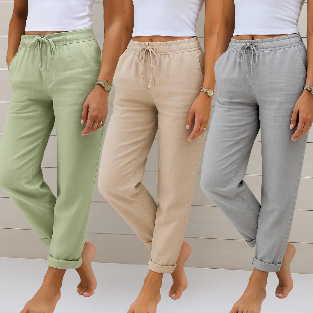 Adrianna linen stretch trousers, full length outfit view