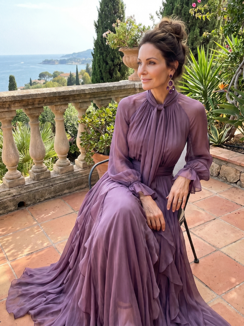 Demetria Tie Neck Ruffle Tiered Maxi Dress