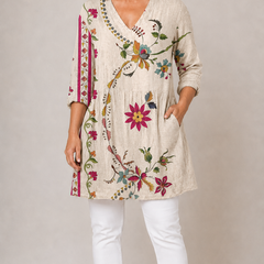 Lottie long blouse with V-neck in beige, front view