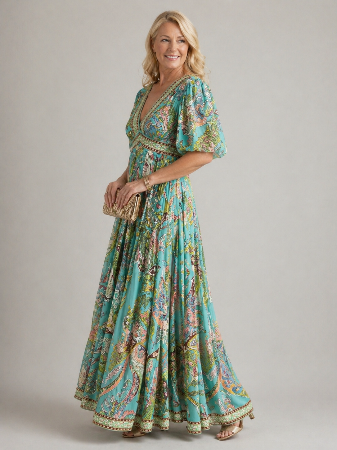 Amelia Airy Maxi Dress With Puff Sleeves And V-Neck