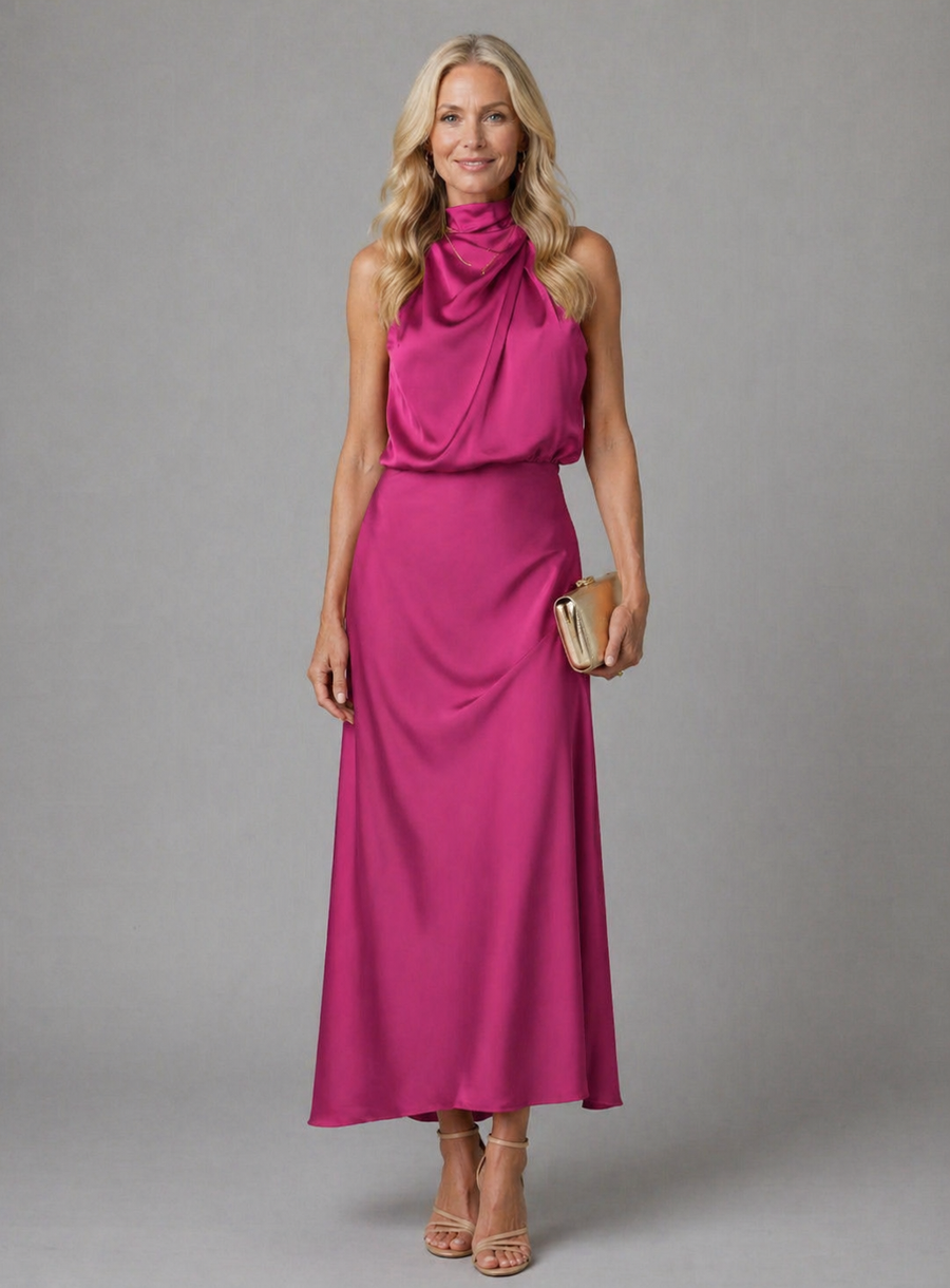 Estella Draped Dress with High Neckline