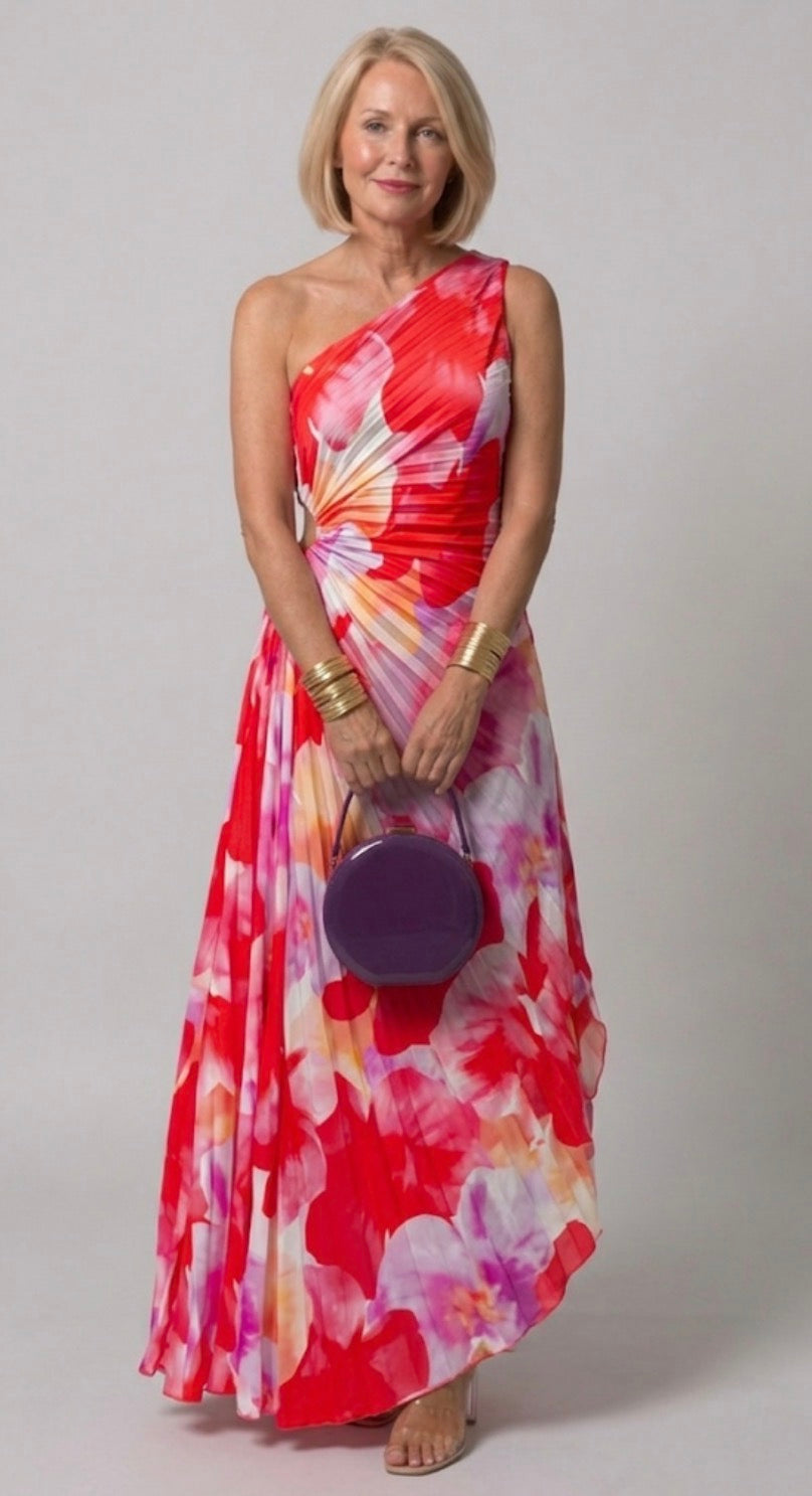 Yanira Pleated One-Shoulder Dress with Asymmetric Hem