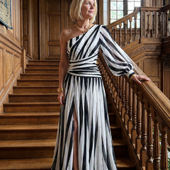 Shiloh Elegant Striped Maxi Dress With One Shoulder