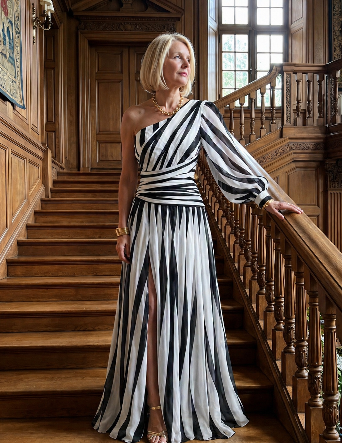 Shiloh Elegant Striped Maxi Dress With One Shoulder