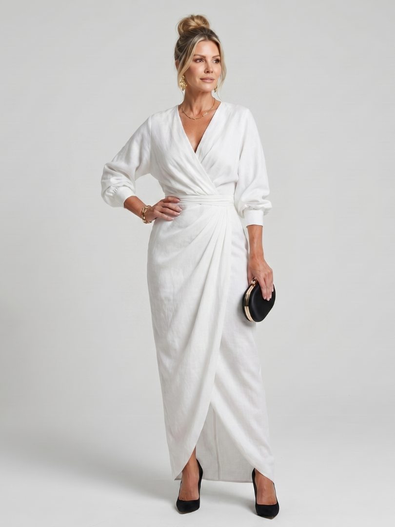 Fable Long Sleeve Wrap Overlap Skirt Midi Dress