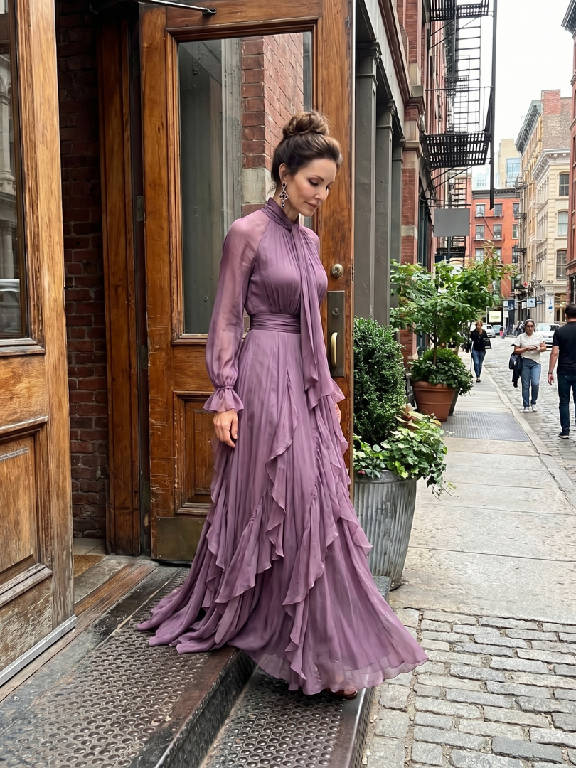 Demetria Tie Neck Ruffle Tiered Maxi Dress