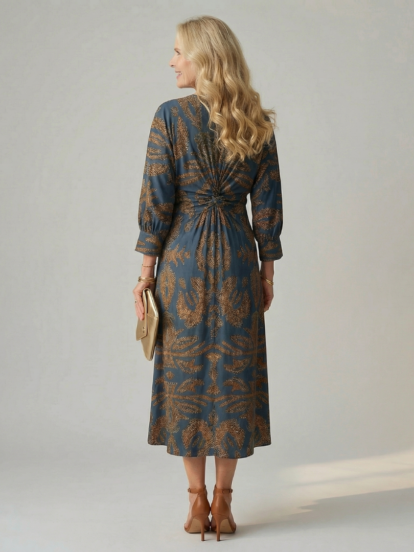 Lune Natural Wrap Midi Dress with Long Sleeves