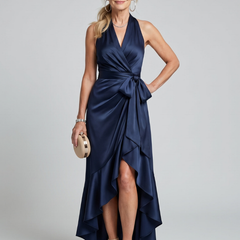 Honora Halter Neck Wrap Asymmetric Hem Midi Dress