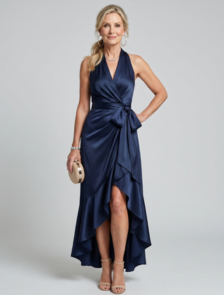 Honora Halter Neck Wrap Asymmetric Hem Midi Dress