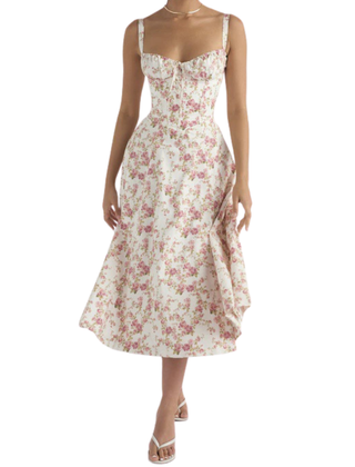 Floral corset midi dress with a flowing skirt