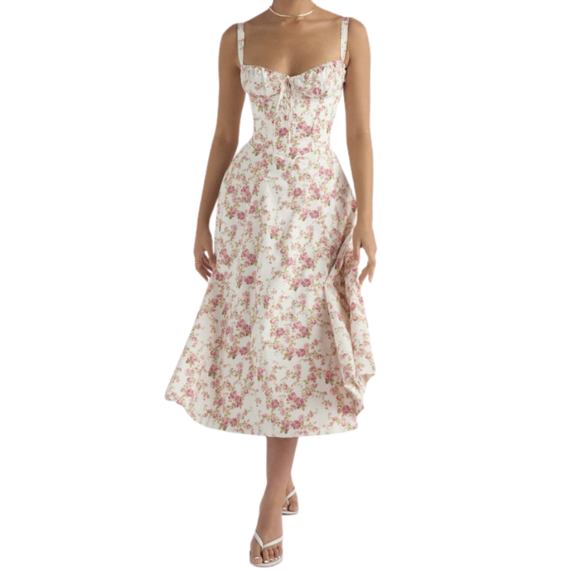 Floral corset midi dress with a flowing skirt