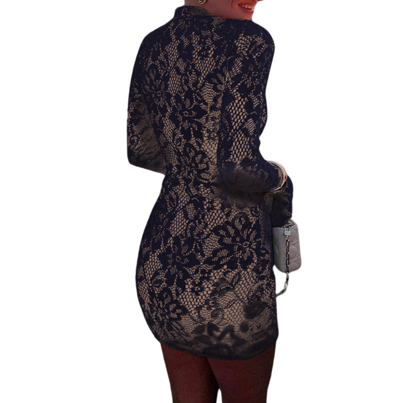 Lace mock neck bodycon dress back view