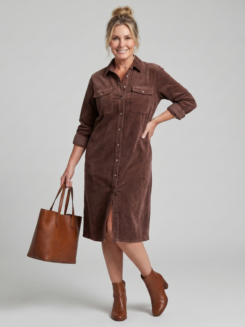 Pema Long Sleeve Patch Pockets Midi Dress