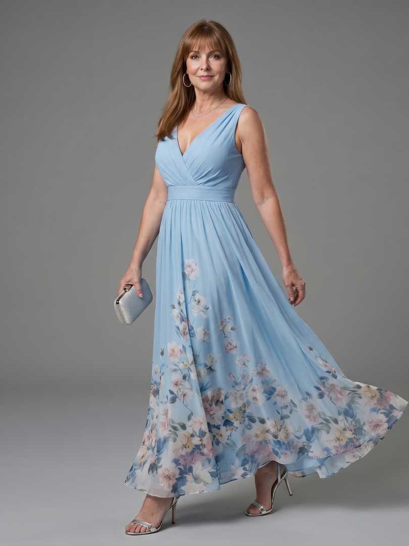 Valentina Sleeveless V Neck Soft Floral Hem Midi Dress