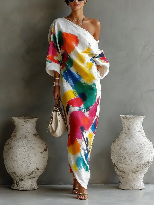 Danella Maxi Dress One-Shoulder Abstract Print
