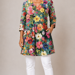 Angel long blouse with V-neck in multicolour print, front view