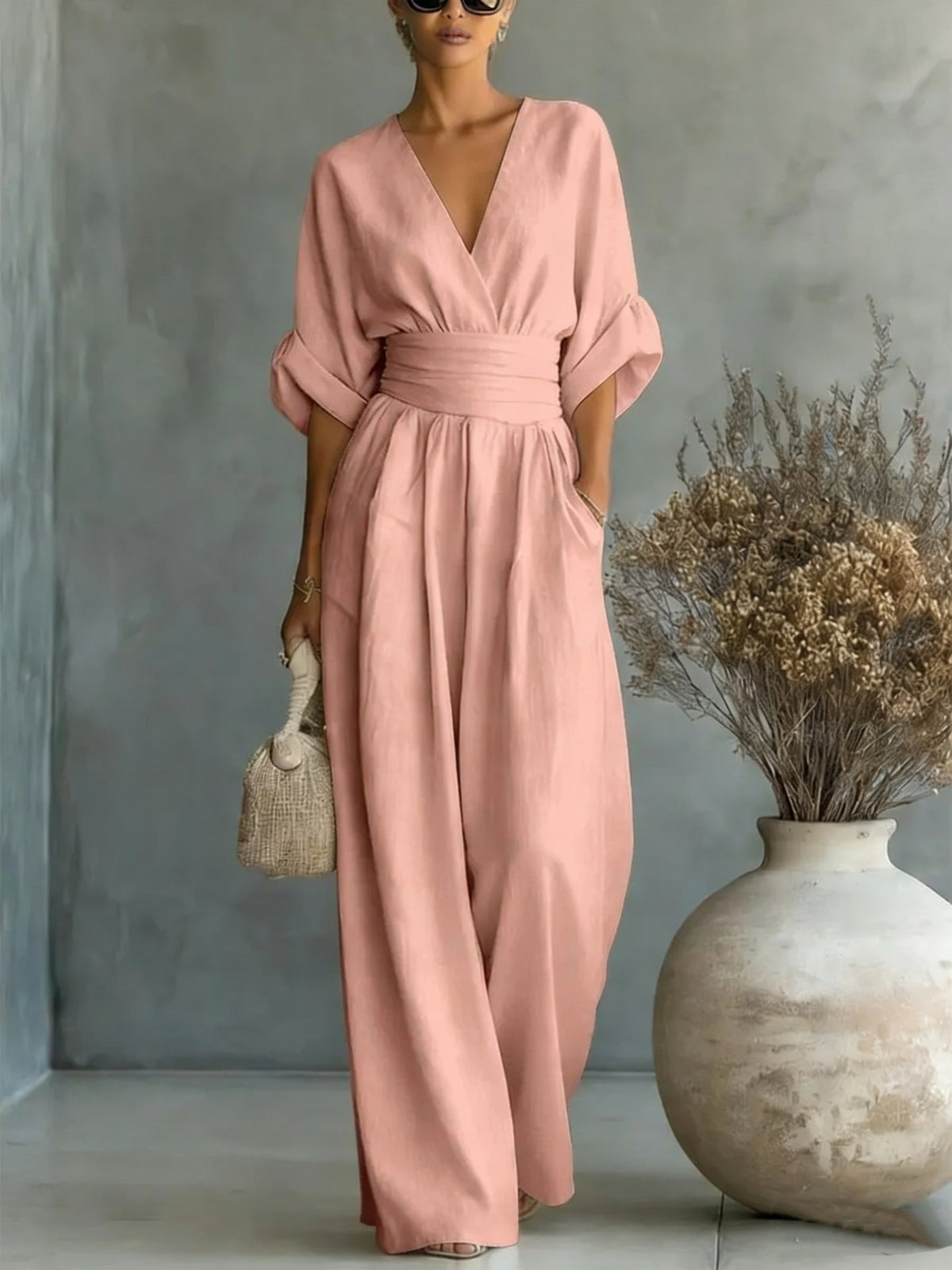 Elodie wide-leg linen jumpsuit in pink