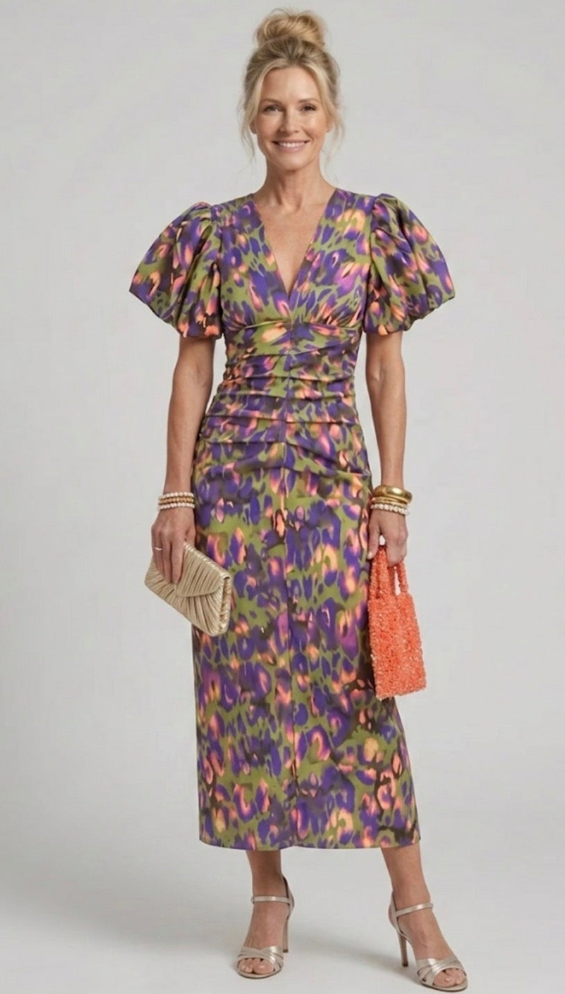 Loren Dress With Puff Sleeves, Printed V-Neck Midi Dress