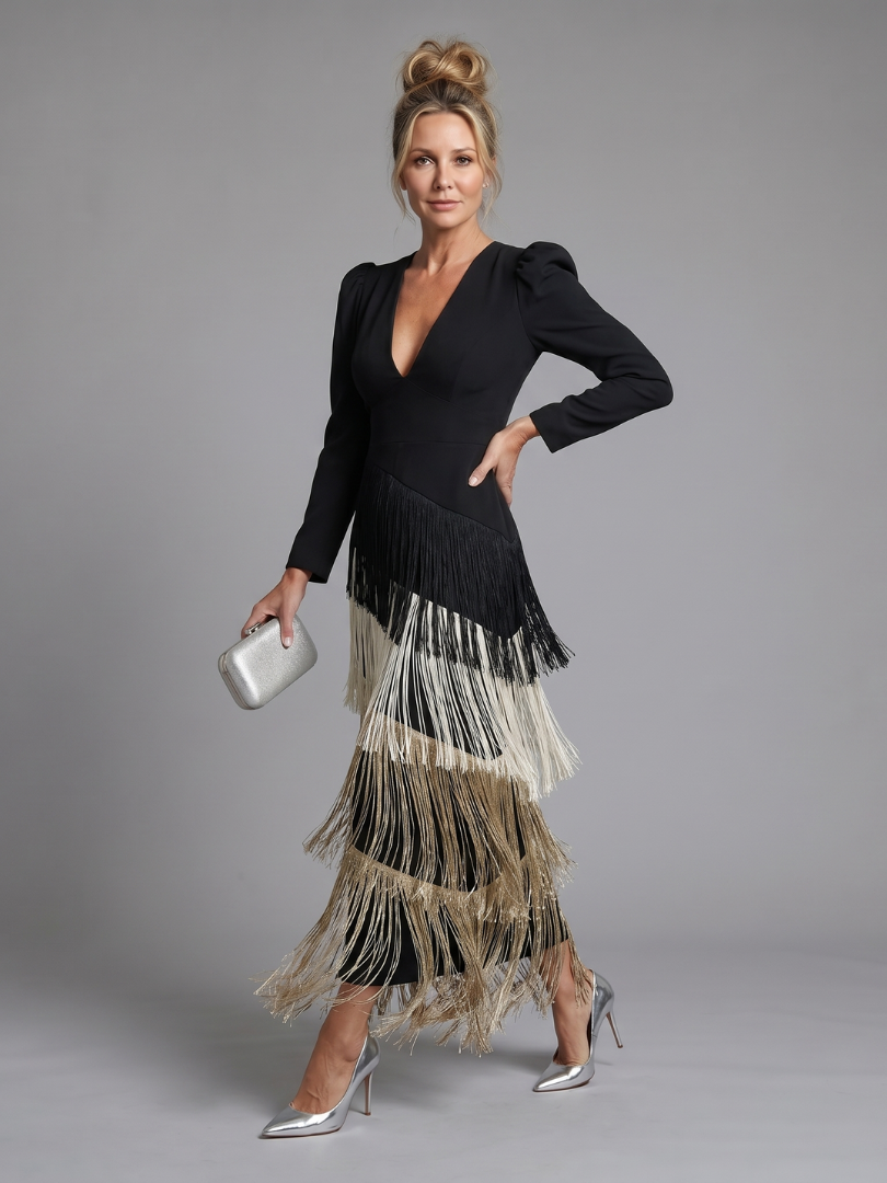 Samara Long Sleeve Soft Fringe Skirt Midi Dress