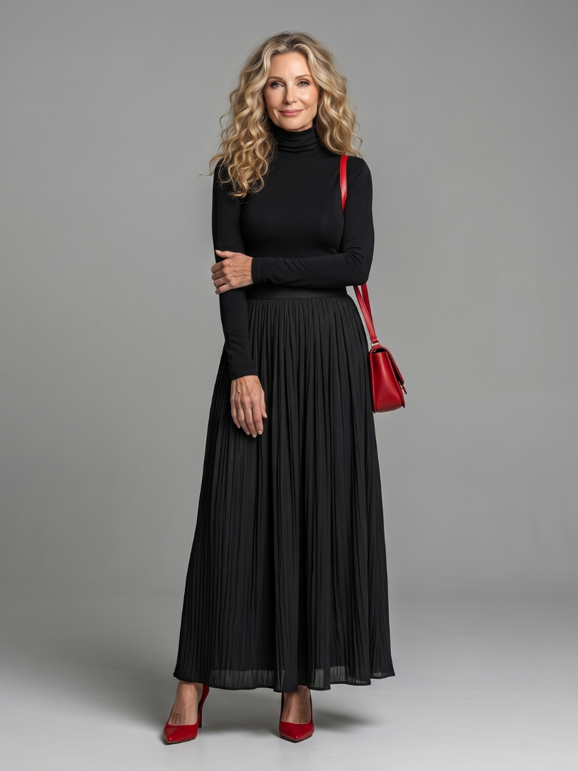 Lana Long Sleeve Turtleneck Defined Waist Midi Dress