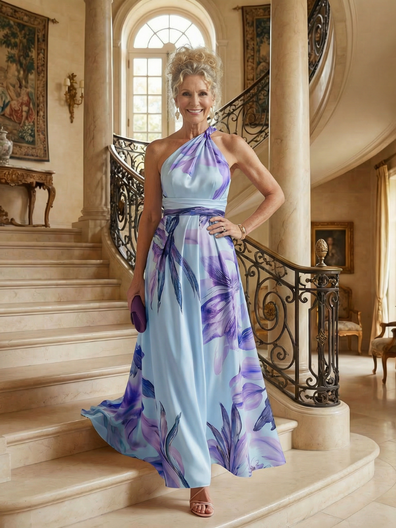 Amiel Light Floral Maxi Dress with Halter Neckline