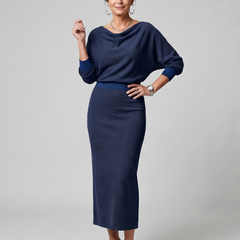 Ursula Draped Neckline Fitted Skirt Midi Dress