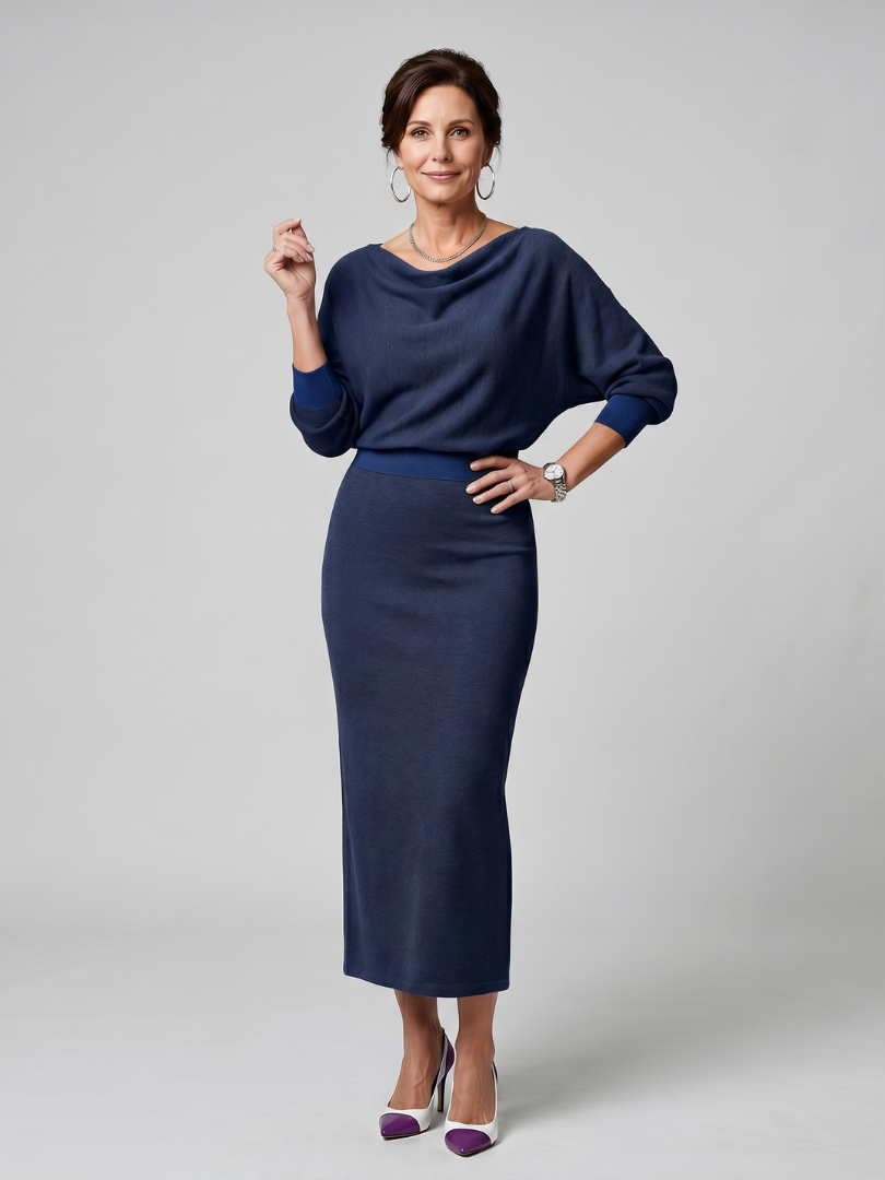 Ursula Draped Neckline Fitted Skirt Midi Dress