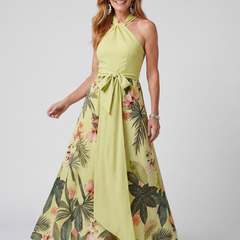 Meadow Draped Halter Botanical Panel Maxi Dress